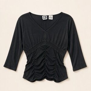 WR Women's Small 90% Silk Black Ruched V-Neck Fitted Top Y2K